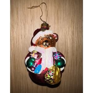 Vintage Mercury Glass Hand Blown Santa Bear Glitter Ornament Polar Teddy Bear